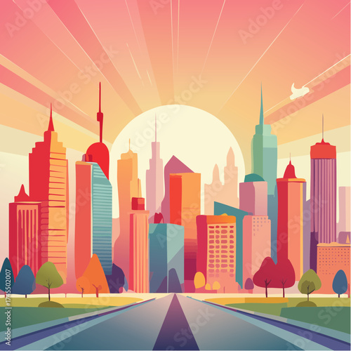 City skyline at sunset with a road leading to it