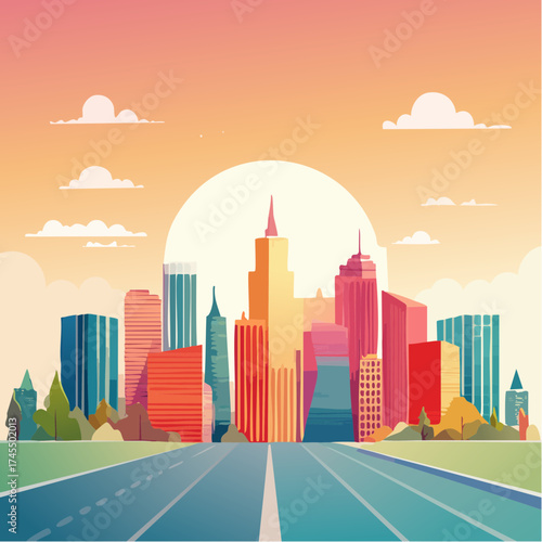 City skyline with sunset and road