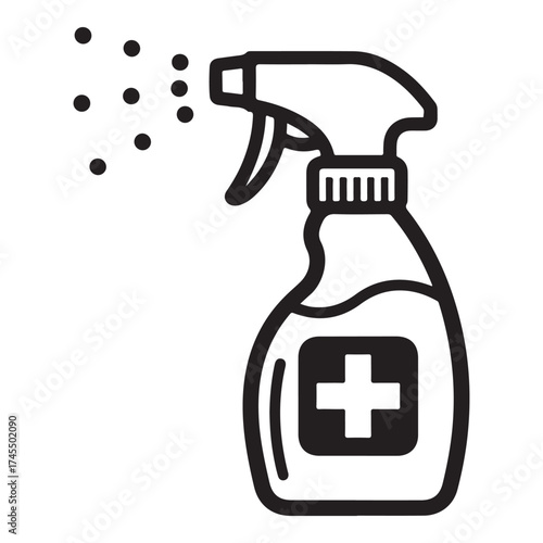 A simple line art illustration of a spray bottle with a plus sign on it, spraying disinfectant