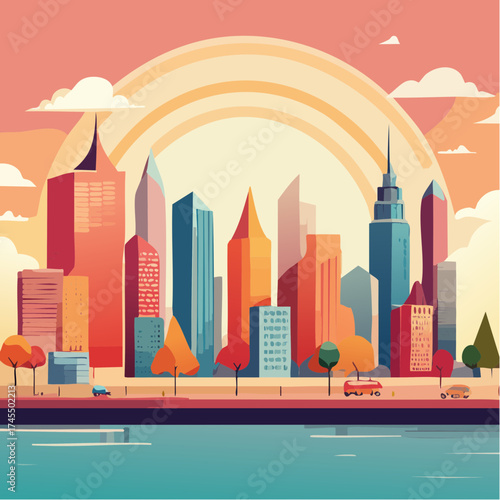 City skyline with rainbow and water view