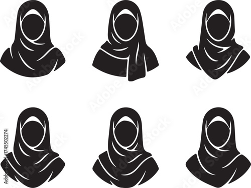 Set of six diverse hijab woman silhouettes representing muslim female identity modesty and style in various designs