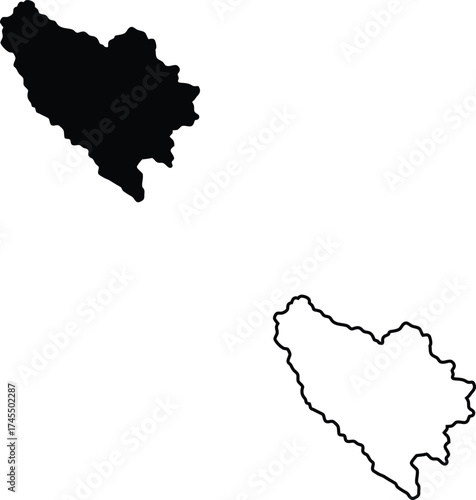 This image displays a rounded black silhouette with bumpy edges and its accurate outline map for regional representation