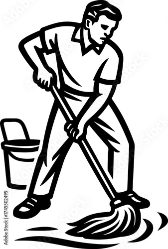 Man mopping floor with bucket illustration