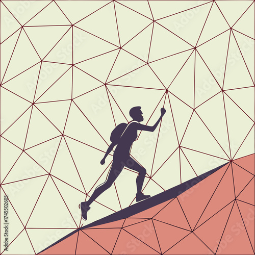 Silhouette of a hiker climbing a geometric mountain with determination