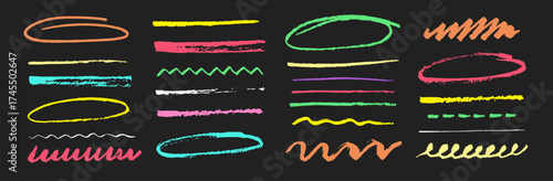 Bright colorful doodle circles, underlines, and highlights on black background. Hand drawn marker shapes, neon accents, and brush textures. Vector abstract scribble illustration