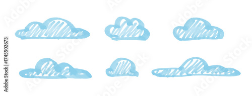 Set of blue vector cloud doodles drawn with marker on white background. Cute hand drawn cartoon cloud shapes for weather icons, children’s design, and decoration elements