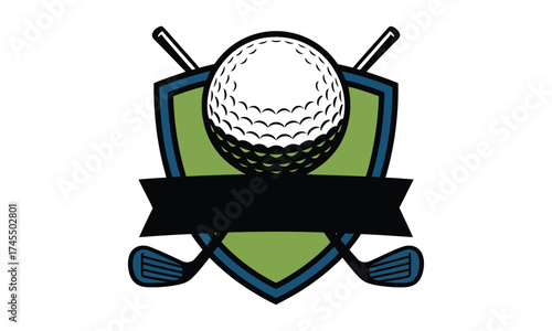 Golf emblem with crossed clubs and textured ball featuring a ribbon for text