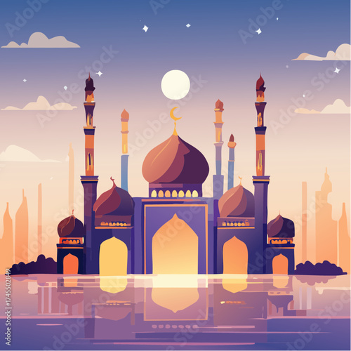 Mosque reflection on water with moonlit sky