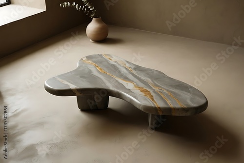 Modern organic marble coffee table with gold veining and sculptural base in minimalist interior with natural sunlight and ceramic vase