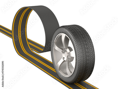 Car tire and road on white background. Isolated 3D illustration