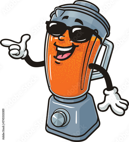 Cartoon mascot of a juice blender wearing sunglasses