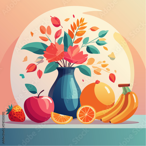 Fruit and flowers in vase still life