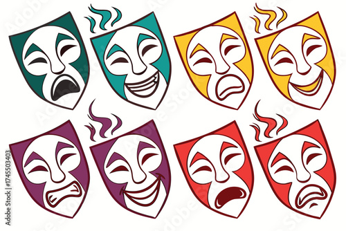 Collection of Colorful Comedy and Tragedy Theater Masks drama