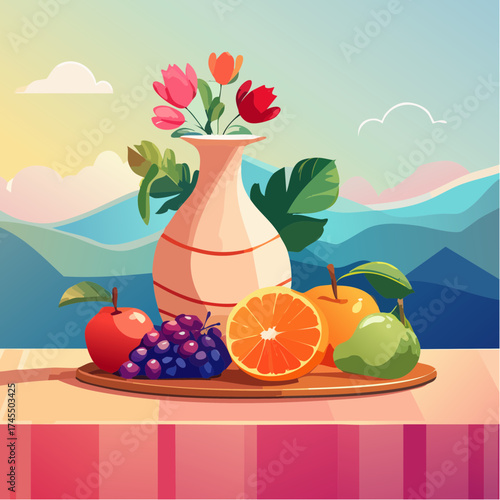Still life with fruit, flowers, and mountain landscape