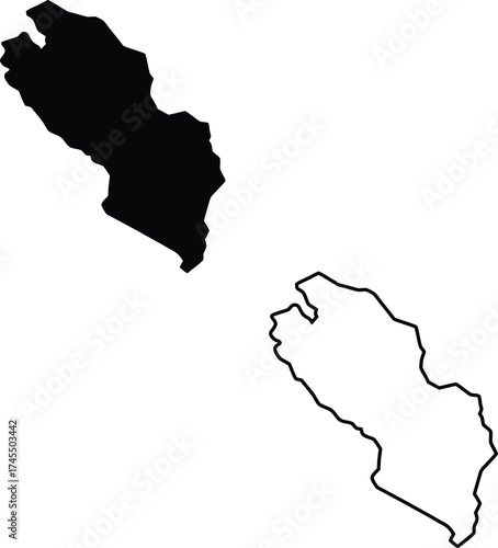 Vertical black filled and outlined map displaying the distinct elongated shape of an unnamed land area on white