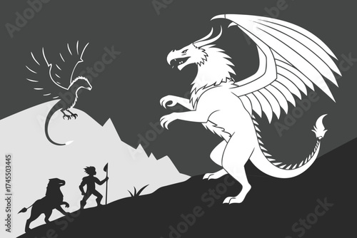 Fantasy Battle Scene with Dragon, Griffin, Warrior, and Lion mythical