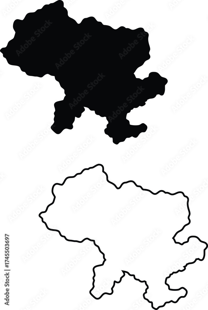 Obraz premium Clean black silhouette map and outline representation of an unidentified geographic area on a crisp white backdrop