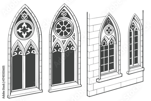 Gothic Architectural Windows and Stone Wall Detail in Black and White architecture tracery