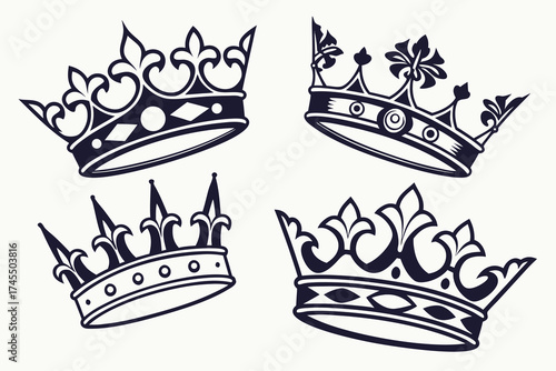 Ornate Royal Crowns In Black Silhouette With Intricate Designs royalty king