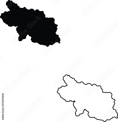 Black silhouette map and outline of an irregular geographical region displayed on a white background
