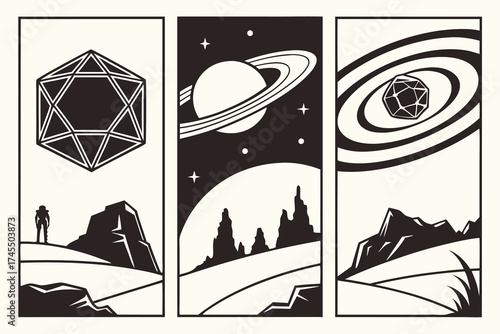 Sci Fi Triptych Space Landscape with Astronaut Planet and Geometric Shapes sci-fi science fiction