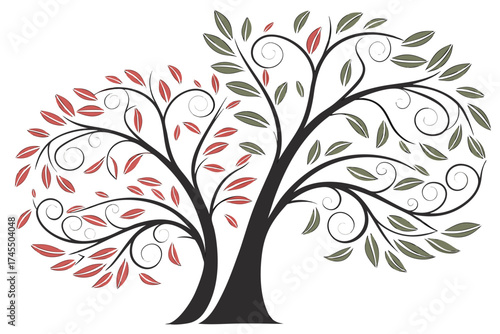 Stylized Tree With Red And Green Leaves And Swirling Branches illustration graphic