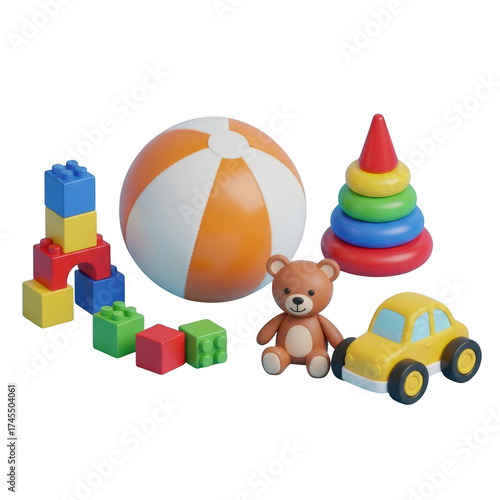 Collection of colorful children s toys including a ball teddy bear car and blocks isolated on transparent background