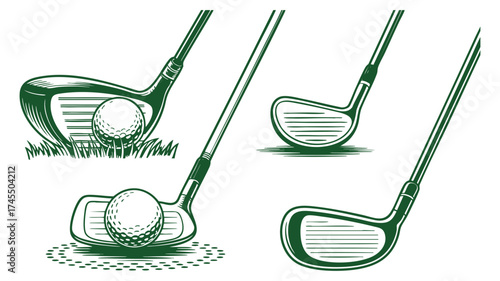 Four golf club and ball illustrations showing different angles and types of golf equipment