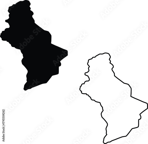 Two distinct outlines portray a compact, irregular landmass or island in both solid black and linear forms