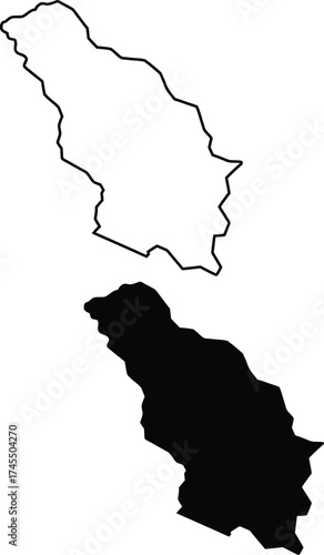 Wavy edged map silhouettes represent a long, curved geographical area as a solid black shape and a precise outline