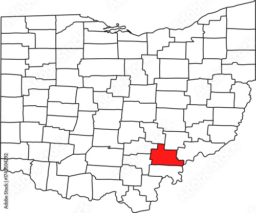 Detailed vector map of Ohio highlighting Athens County, a southeastern Appalachian territory featuring Athens city and the main campus of Ohio University.

