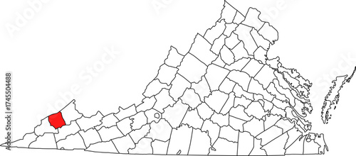 Detailed vector map of Virginia highlighting Dickenson County, a mountainous and rugged southwestern territory bordering Kentucky, historically tied to the coal industry.

