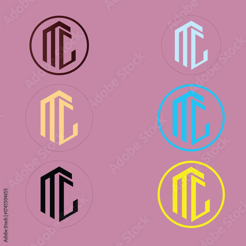 A vibrant logo set featuring six circular “MC” monograms arranged in two columns and three rows on a pink background.