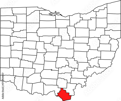 Detailed vector map of Ohio highlighting Lawrence County, the southernmost territory bordering Kentucky and West Virginia along the Ohio River, historically known for its iron industry.


