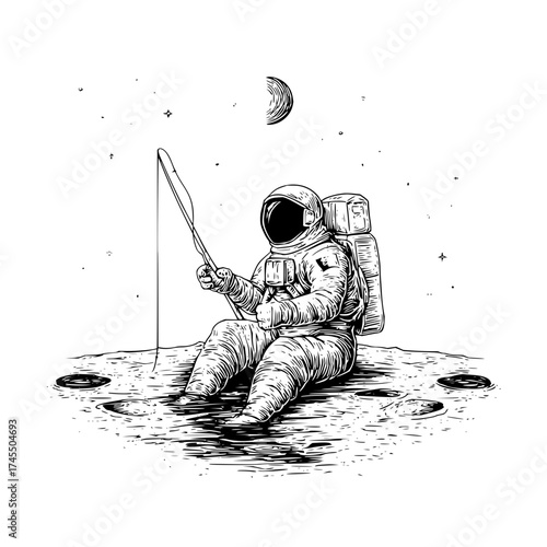 An astronaut sitting on the moon fishing with stars and a crescent moon in the background illustration