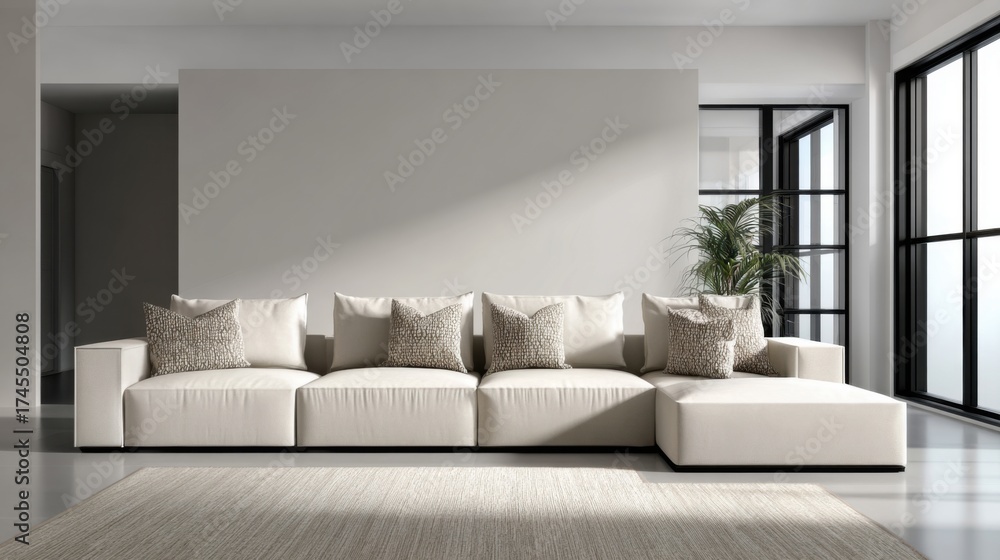 Fototapeta premium Modern minimalistic living room with beige sectional sofa and cushions