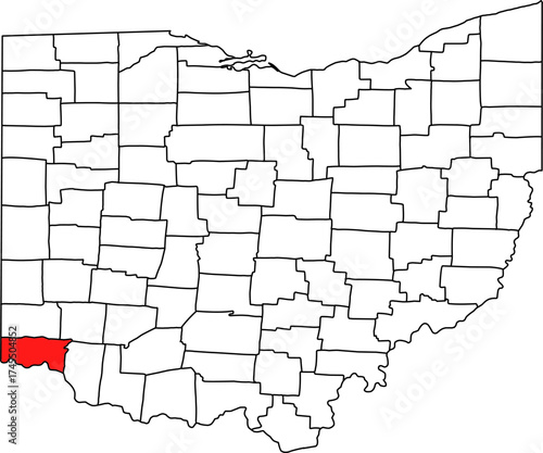 Detailed vector map of Ohio highlighting Hamilton County, the southwestern territory containing the major metropolitan city of Cincinnati and bordering Kentucky and Indiana.

