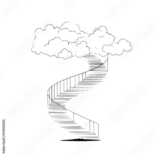 A drawing of a spiral staircase leading up to a cloud with a railing in black and white sketch style