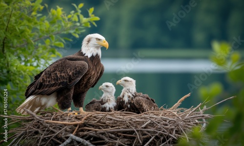 Bald eagle with two eaglets in a nest, nestled amongst green foliage by a lake