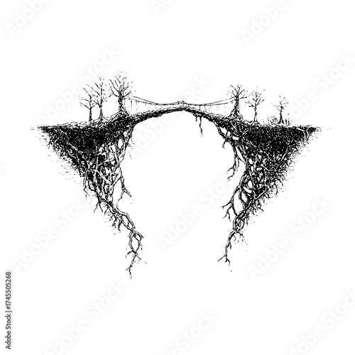 A black and white illustration of a bridge connecting two landmasses with roots and trees on top