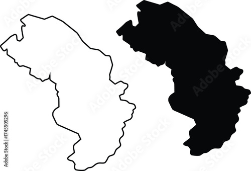 A black solid shape and a thin outline depicting an elongated and curved geographical landmass