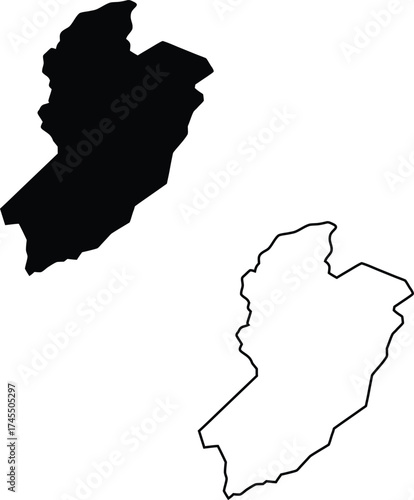 A clear black silhouette and clean outline map illustrating an irregularly shaped geographic region