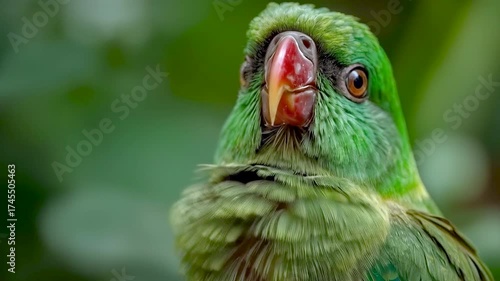 Vivid Green Parrot Perched in Lush Tropical Jungle