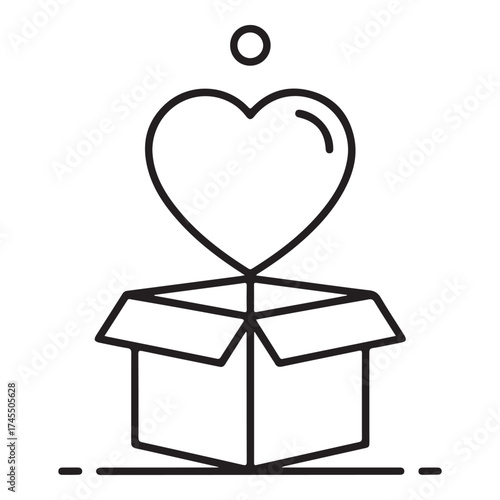 A simple line art icon of a heart emerging from an open box, symbolizing love, gifts, or kindness