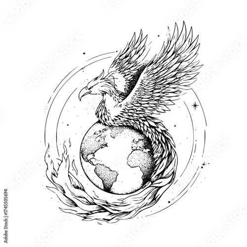 Phoenix perched atop a globe surrounded by flames in a detailed black and white line drawing style