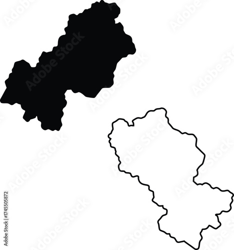 Irregular black map silhouette and its precise outline displayed on a clear bright white surface