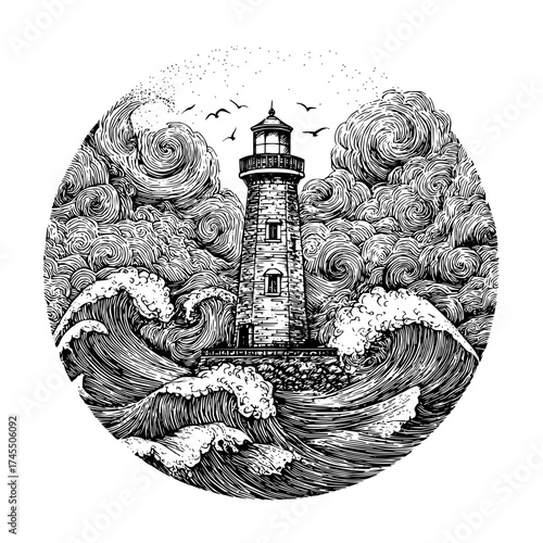 Illustration of a lighthouse surrounded by turbulent waves and swirling clouds with birds flying above it