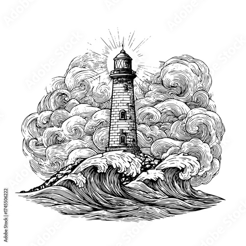 A detailed monochrome drawing of a lighthouse surrounded by swirling clouds and crashing ocean waves