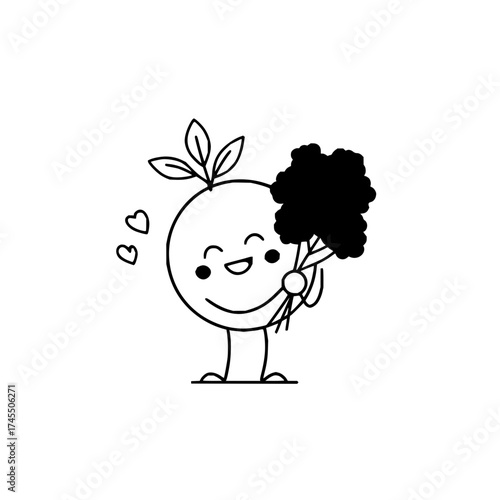 Cartoon character with leaves holding a bouquet of dark flowers and hearts floating nearby so cute wow