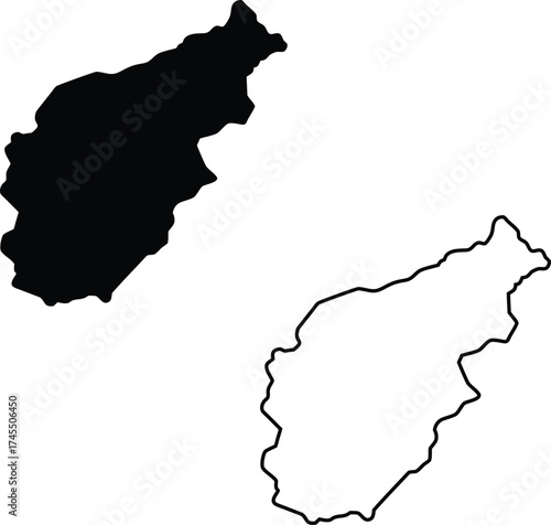A pair of outlines showing a distinct geographic shape presented as both a solid black silhouette and a thin line